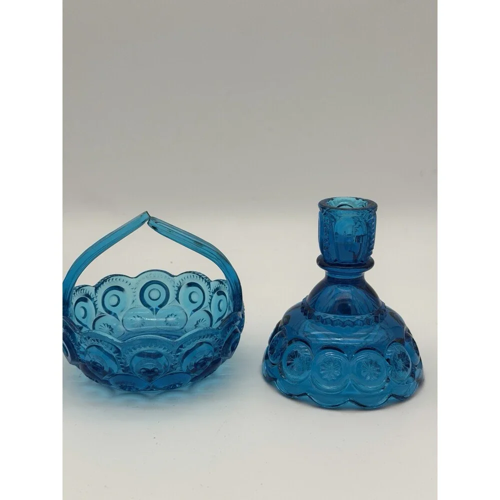 MCM LE Smith Moon & Stars Art glass basket & Candleholder colonial blue Set